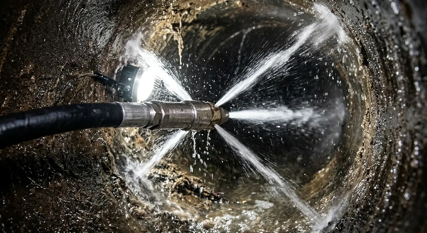 High-pressure hydro jetting nozzle cleaning sewer pipe for Trenchless Sewer Repair in Maquoketa