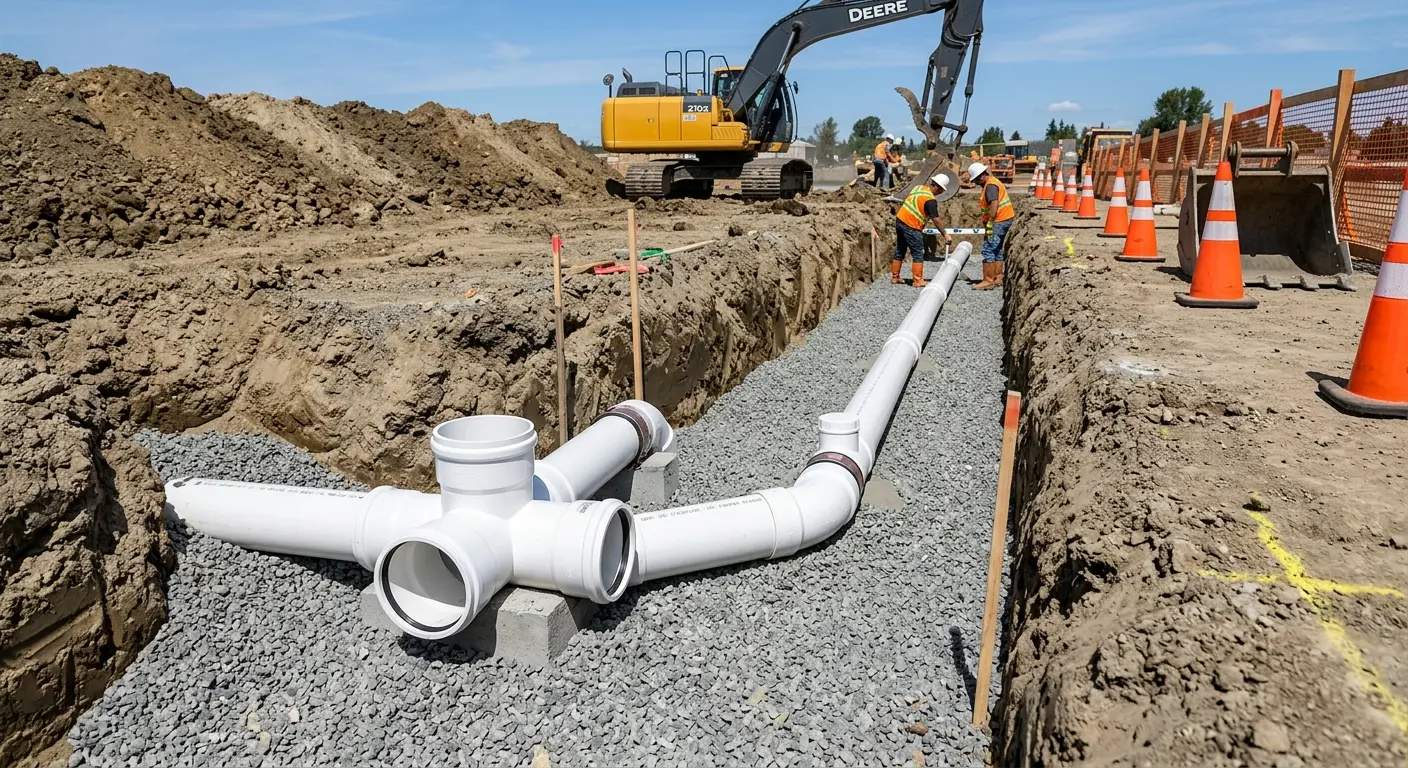 New PVC sewer pipe installation in open trench for Commercial Drain Cleaning in Maquoketa
